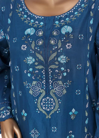 3 Piece Ink Blue Color Embroidered Lawn Shirt with Embroidered Trouser & Dupatta