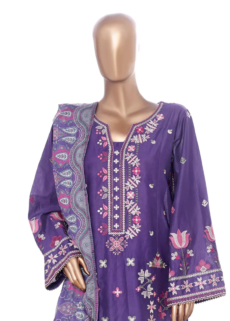 3 Piece Purple Color Embroidered Lawn Shirt with Embroidered Trouser & Dupatta