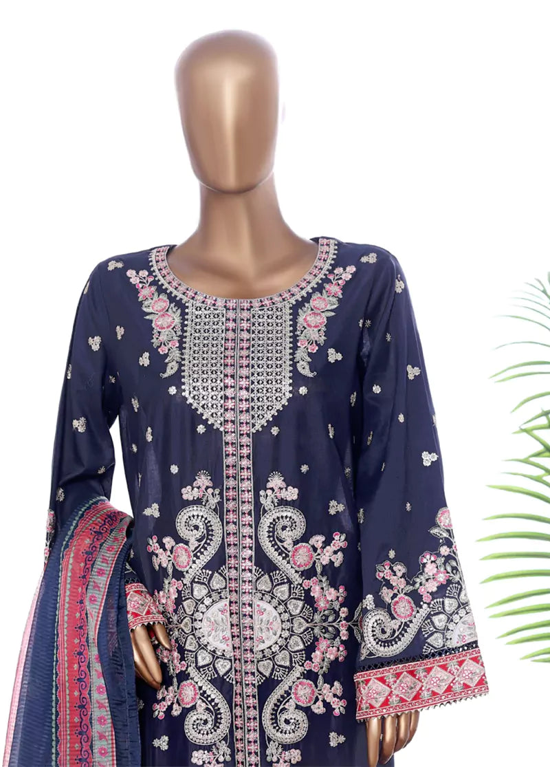 3 Piece Blue Color Embroidered Lawn Shirt with Embroidered Trouser & Dupatta