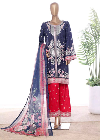 3 Piece Blue Color Embroidered Lawn Shirt with Embroidered Trouser & Dupatta