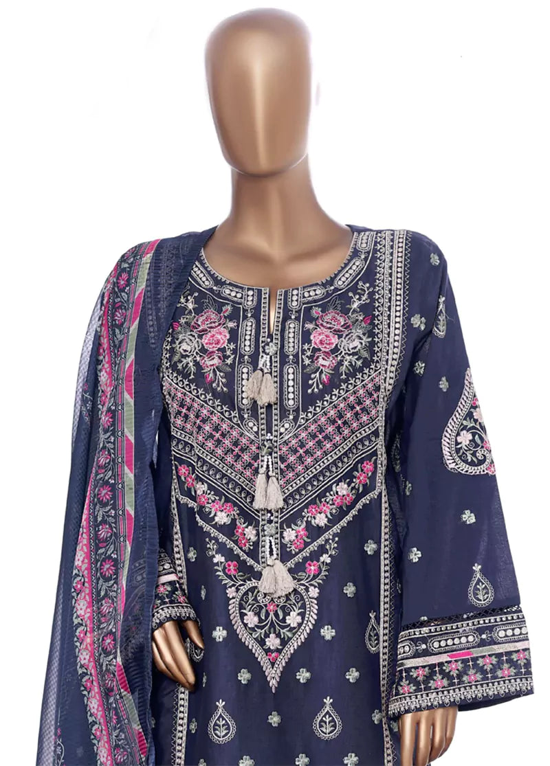 3 Piece Blue Color Embroidered Lawn Shirt with Embroidered Trouser & Dupatta