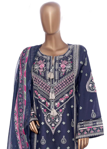 3 Piece Blue Color Embroidered Lawn Shirt with Embroidered Trouser & Dupatta