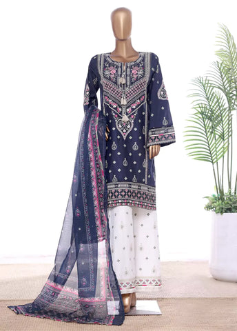3 Piece Blue Color Embroidered Lawn Shirt with Embroidered Trouser & Dupatta