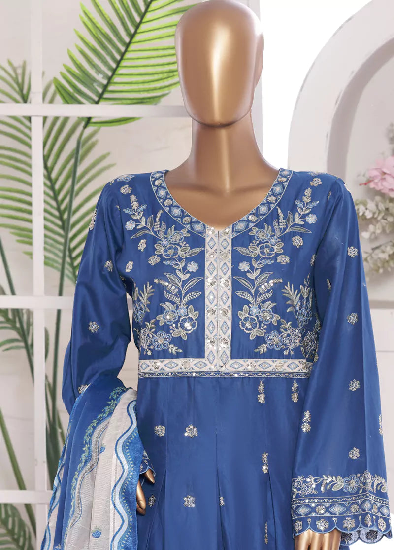 3 Piece Embroidred Stitched Blue Color Lawn Frock with Trouser & Dupatta