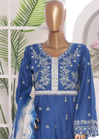3 Piece Embroidred Stitched Blue Color Lawn Frock with Trouser & Dupatta