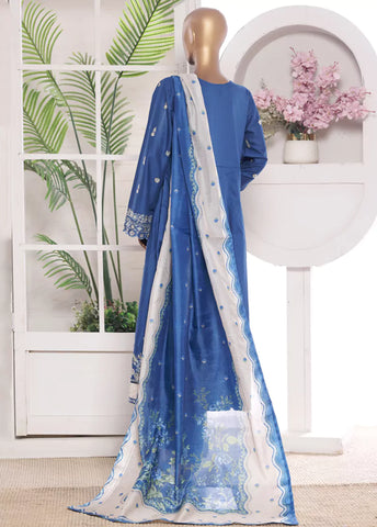 3 Piece Embroidred Stitched Blue Color Lawn Frock with Trouser & Dupatta