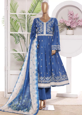 3 Piece Embroidred Stitched Blue Color Lawn Frock with Trouser & Dupatta