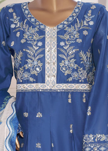 3 Piece Embroidred Stitched Blue Color Lawn Frock with Trouser & Dupatta