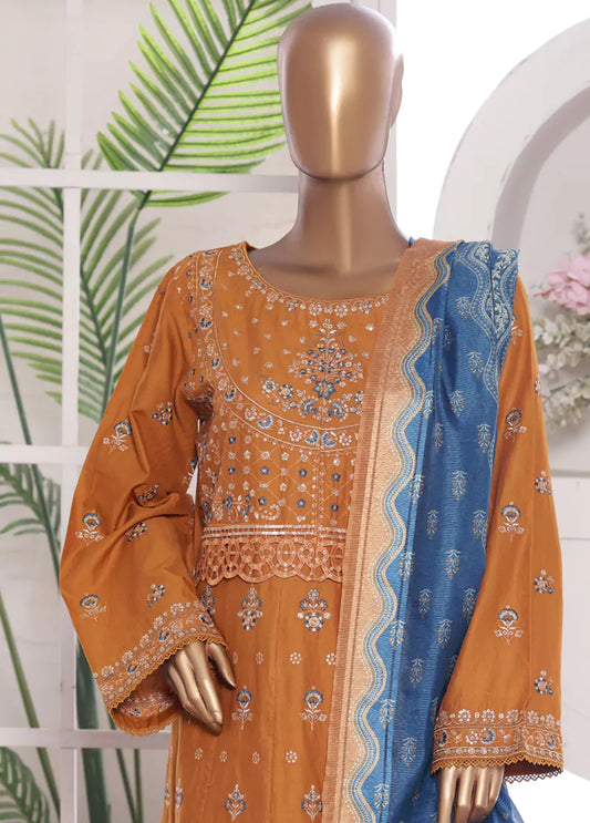 3 Piece Embroidred Stitched Merigold Orange Color Lawn Frock with Trouser & Dupatta