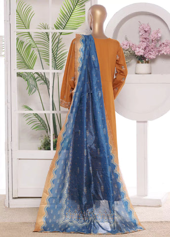 3 Piece Embroidred Stitched Merigold Orange Color Lawn Frock with Trouser & Dupatta