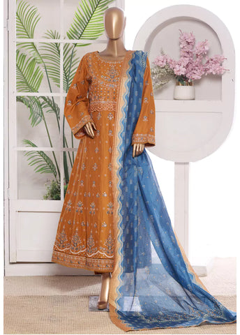 3 Piece Embroidred Stitched Merigold Orange Color Lawn Frock with Trouser & Dupatta