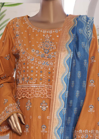 3 Piece Embroidred Stitched Merigold Orange Color Lawn Frock with Trouser & Dupatta