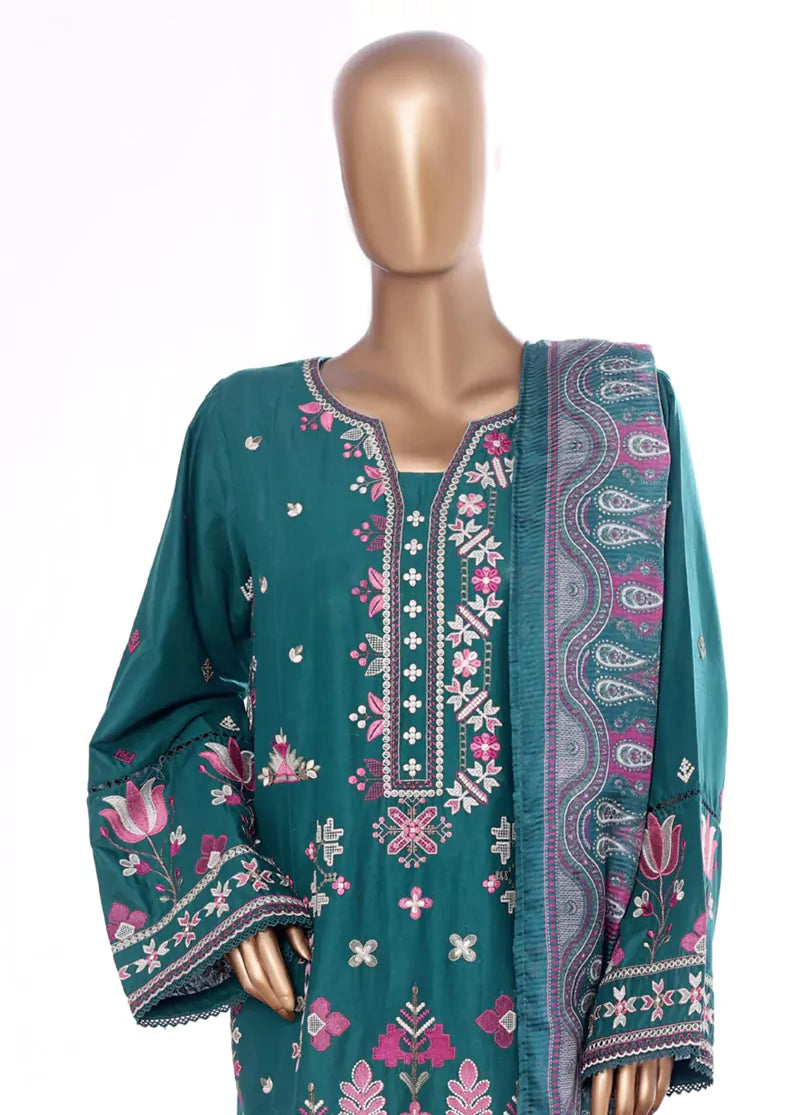 3 Piece Sea Green Color Embroidered Lawn Shirt with Embroidered Trouser & Dupatta