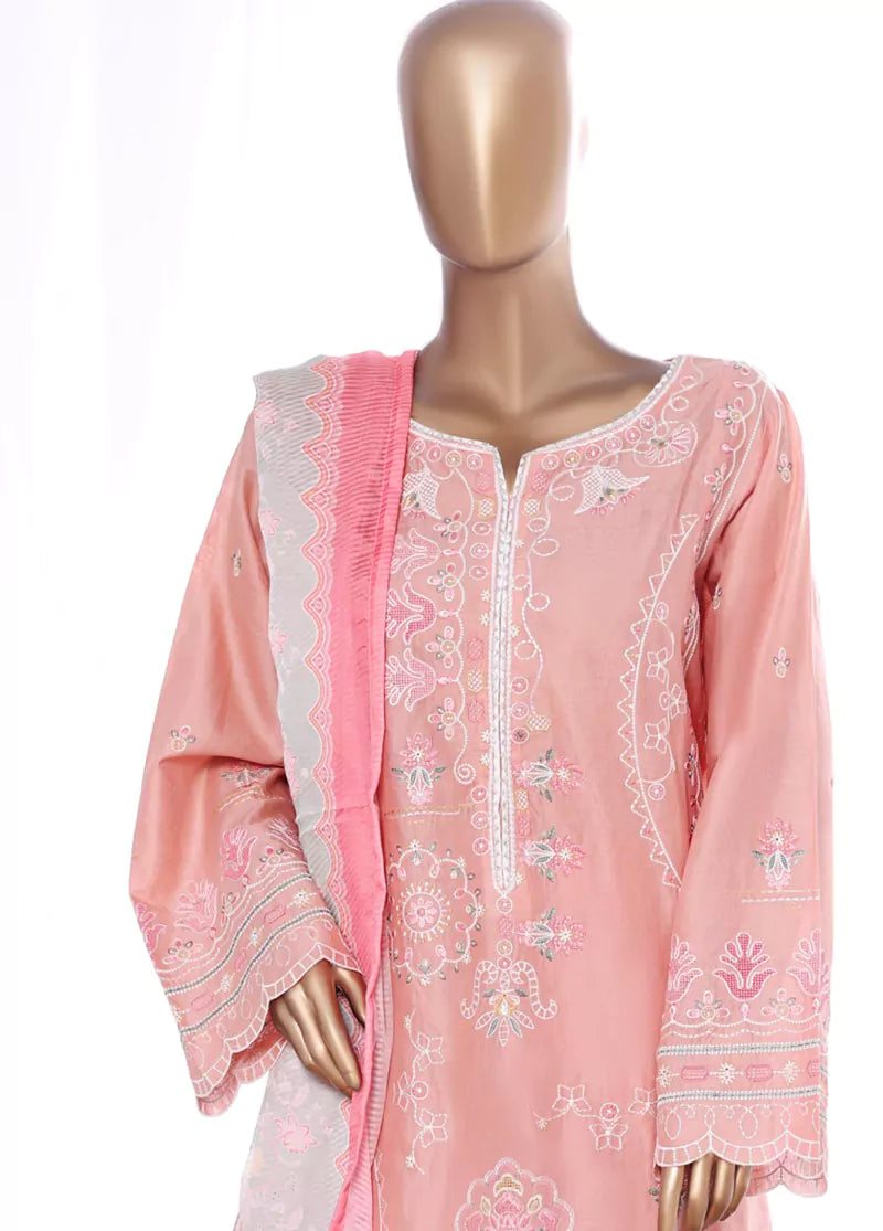 3 Piece Peach Color Embroidered Lawn Shirt with Embroidered Trouser & Dupatta P