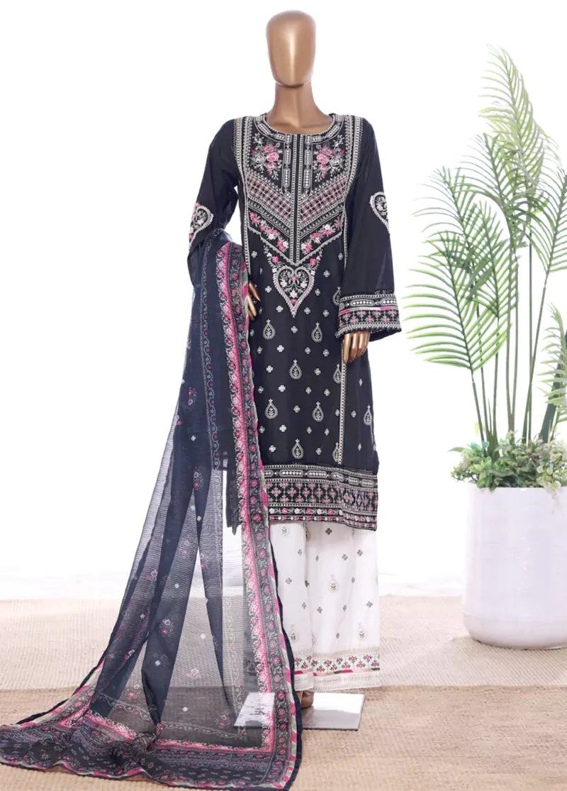 3 Piece Navy Blue Color Embroidered Lawn Shirt with Embroidered Trouser & Dupatta