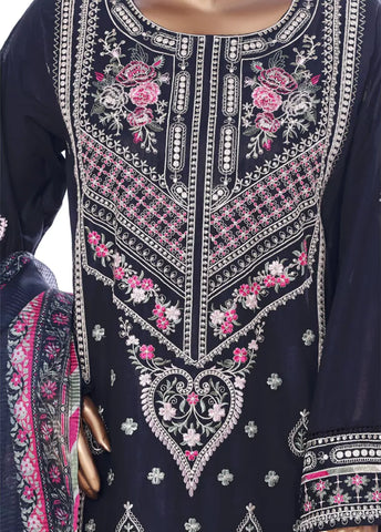3 Piece Navy Blue Color Embroidered Lawn Shirt with Embroidered Trouser & Dupatta