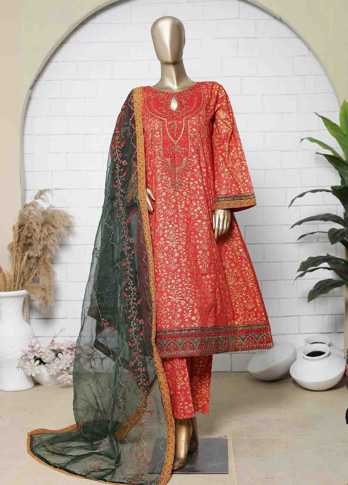 Bin Saeed Fabric - LRG-02-FR-  R71 3 Piece Block Print Embroidered Frock