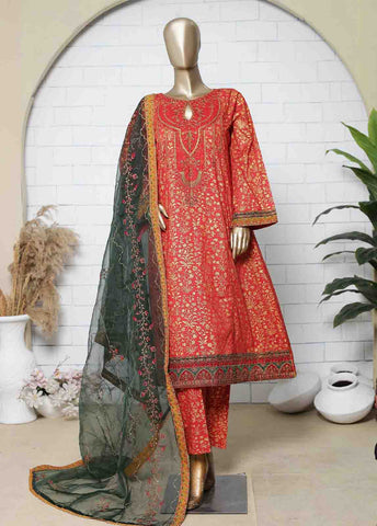 Bin Saeed Fabric - LRG-02-FR-  R71 3 Piece Block Print Embroidered Frock