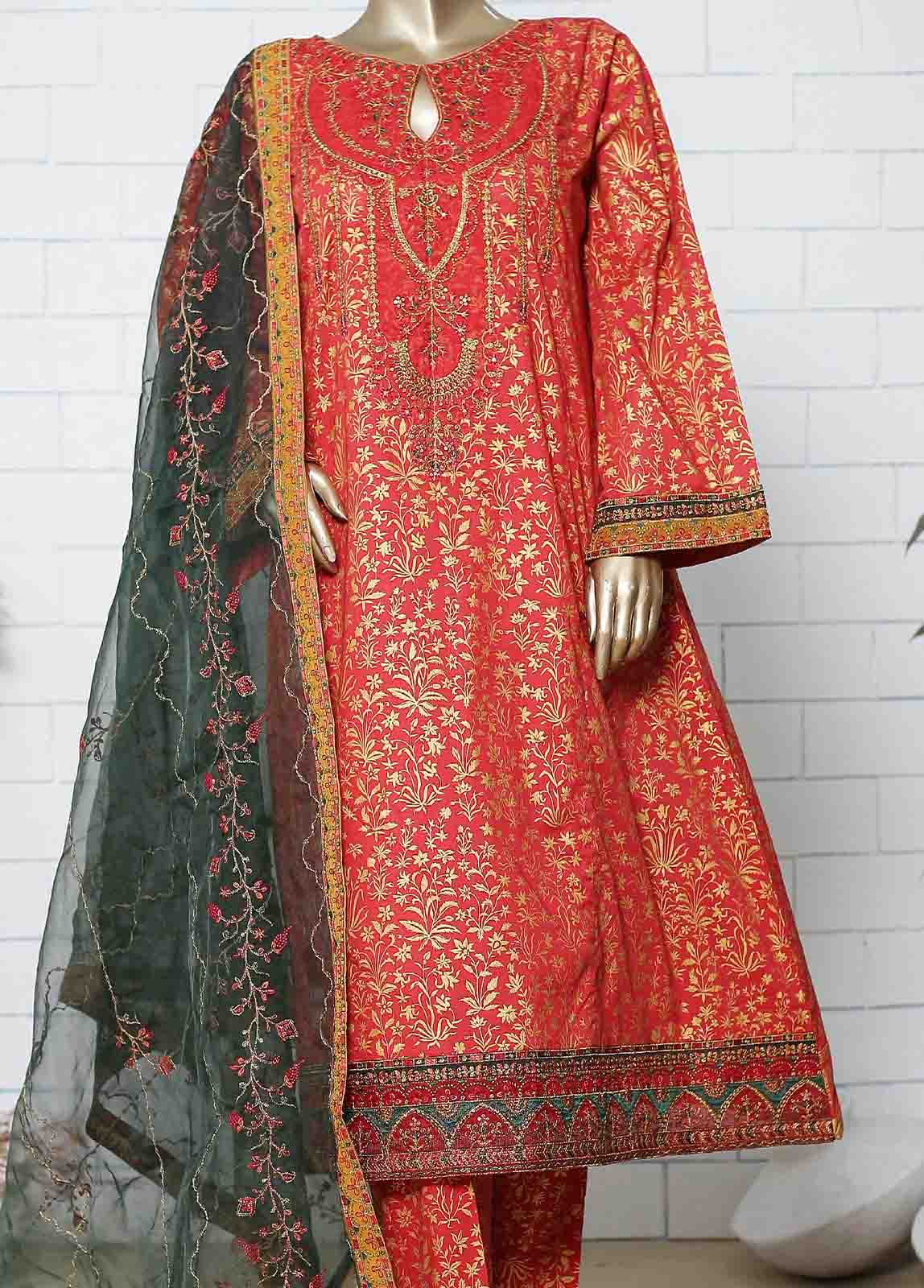 Bin Saeed Fabric - LRG-02-FR-  R71 3 Piece Block Print Embroidered Frock