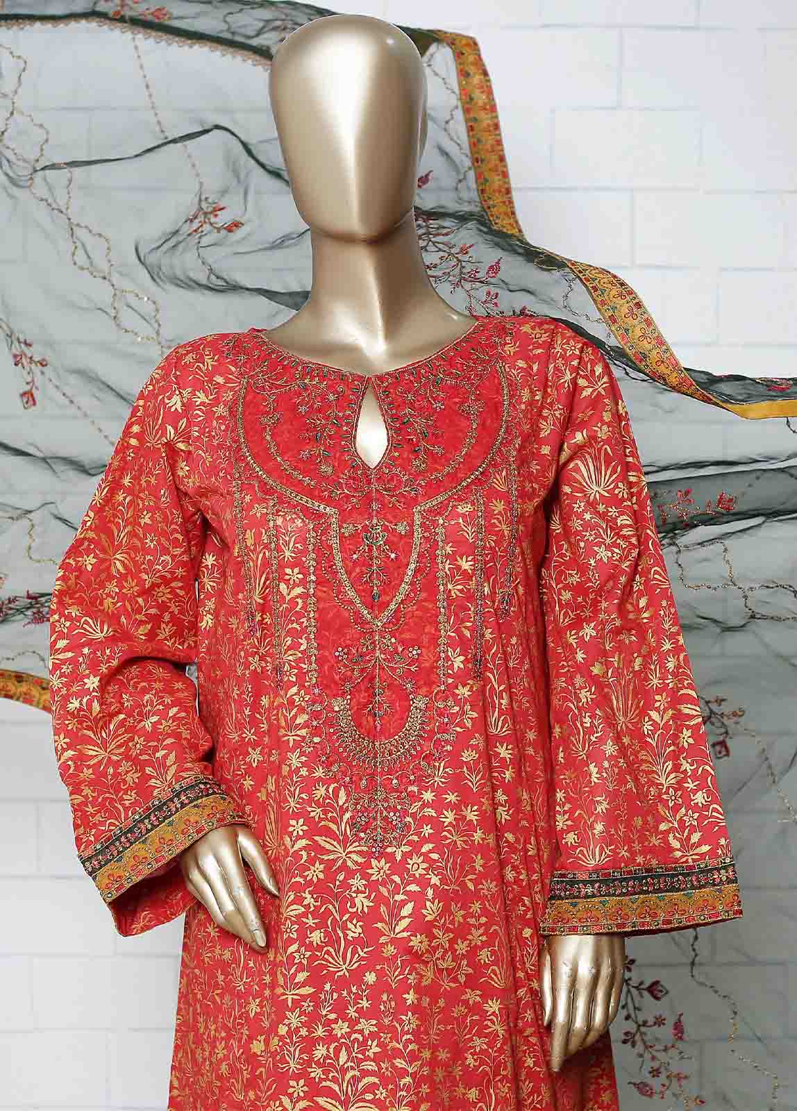 Bin Saeed Fabric - LRG-02-FR-  R71 3 Piece Block Print Embroidered Frock