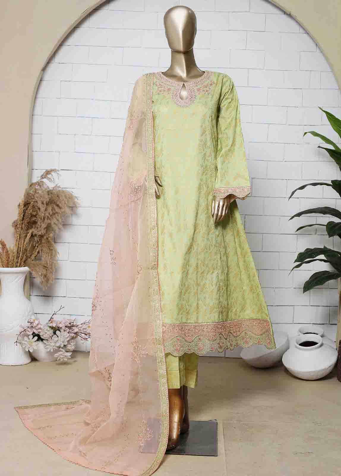 Bin Saeed Fabric - LRG-04-FR-  3 Piece Block Printed Embroidered Frock