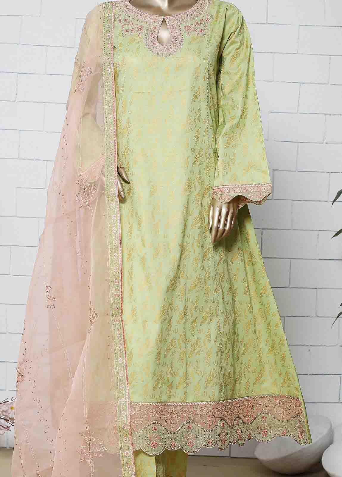 Bin Saeed Fabric - LRG-04-FR-  3 Piece Block Printed Embroidered Frock
