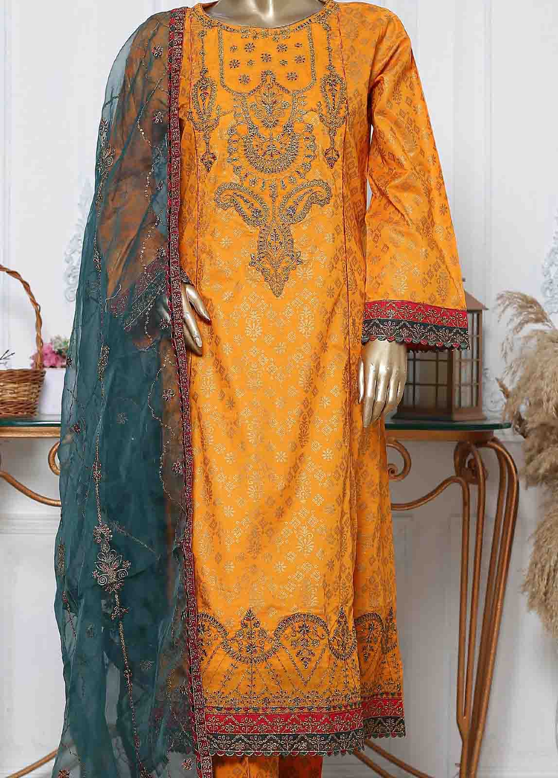 Bin Saeed Fabric - LRG-06-FR-  R71 3 Piece Block Printed Embroidered Frock