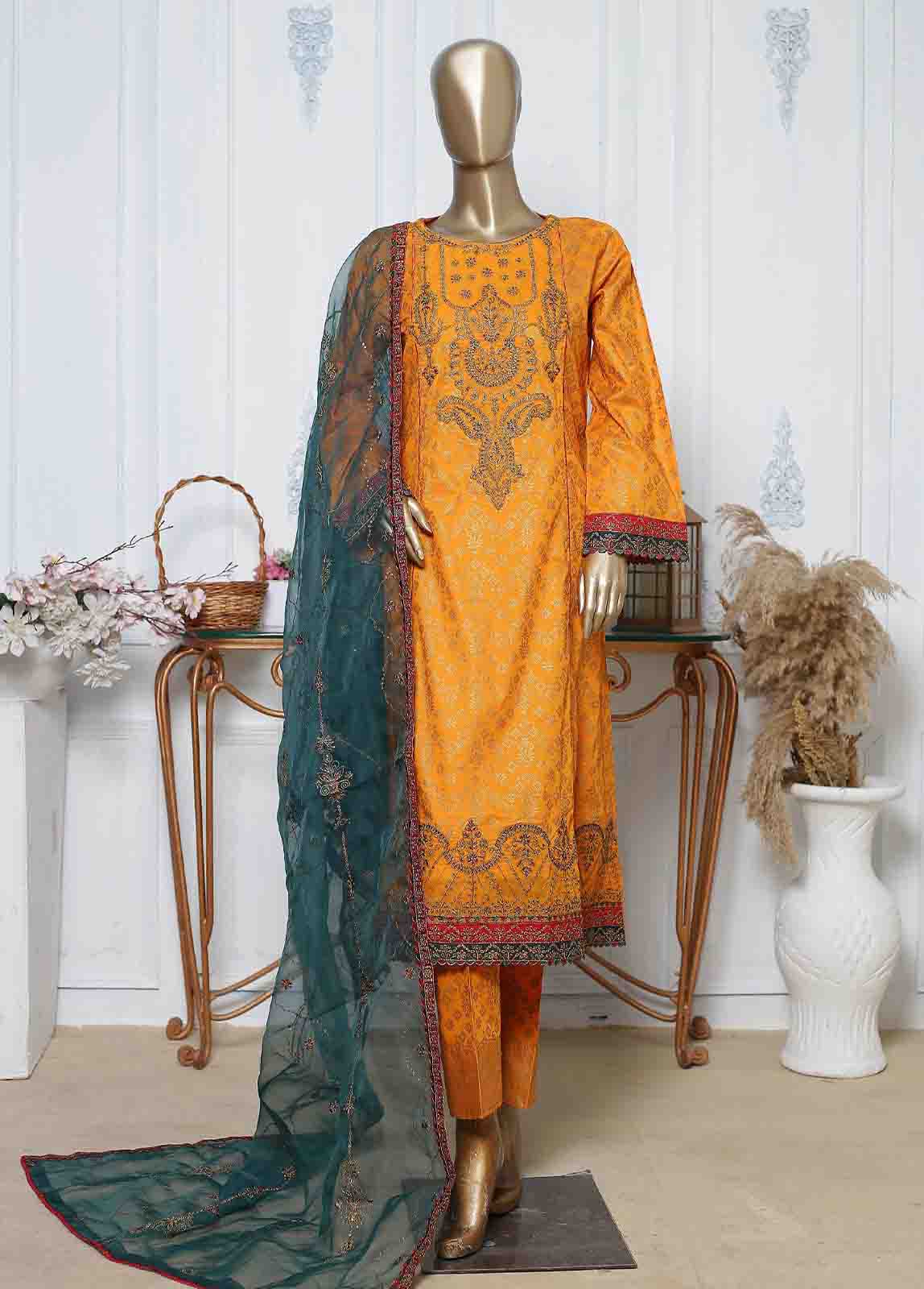 Bin Saeed Fabric - LRG-06-FR-  R71 3 Piece Block Printed Embroidered Frock