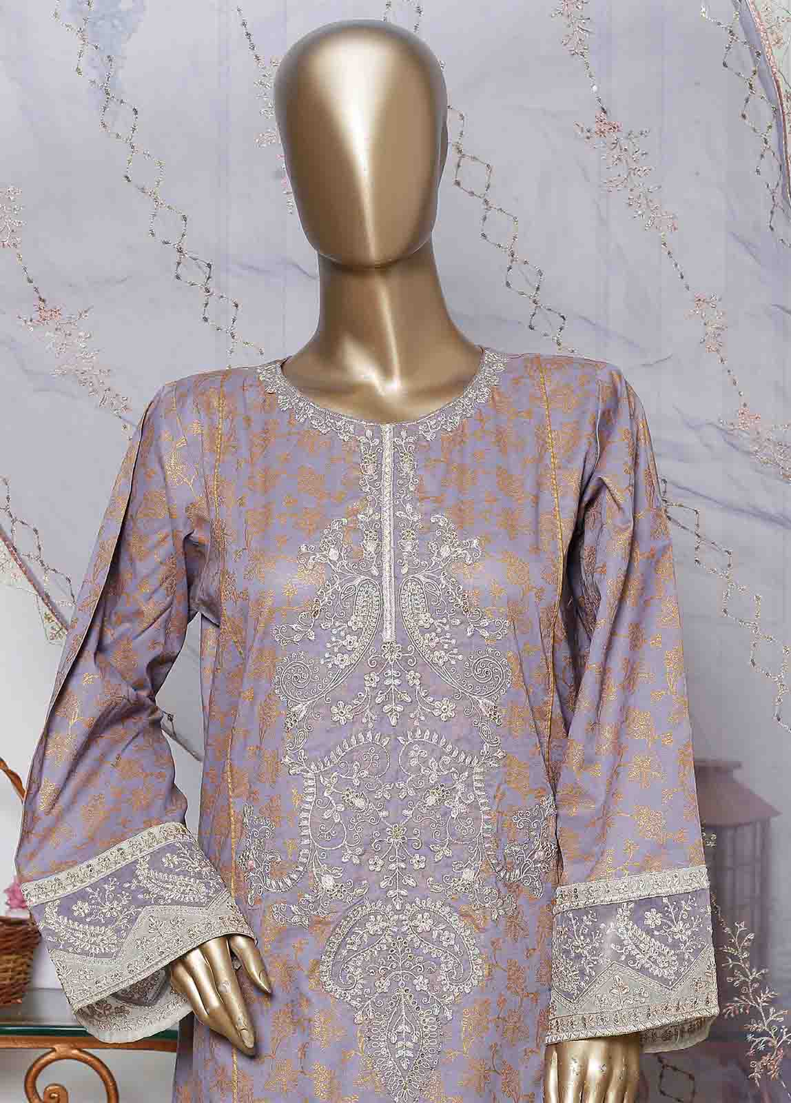 Bin Saeed Fabric - LRG-10-FR-  3 Piece Block Printed Embroidered Frock