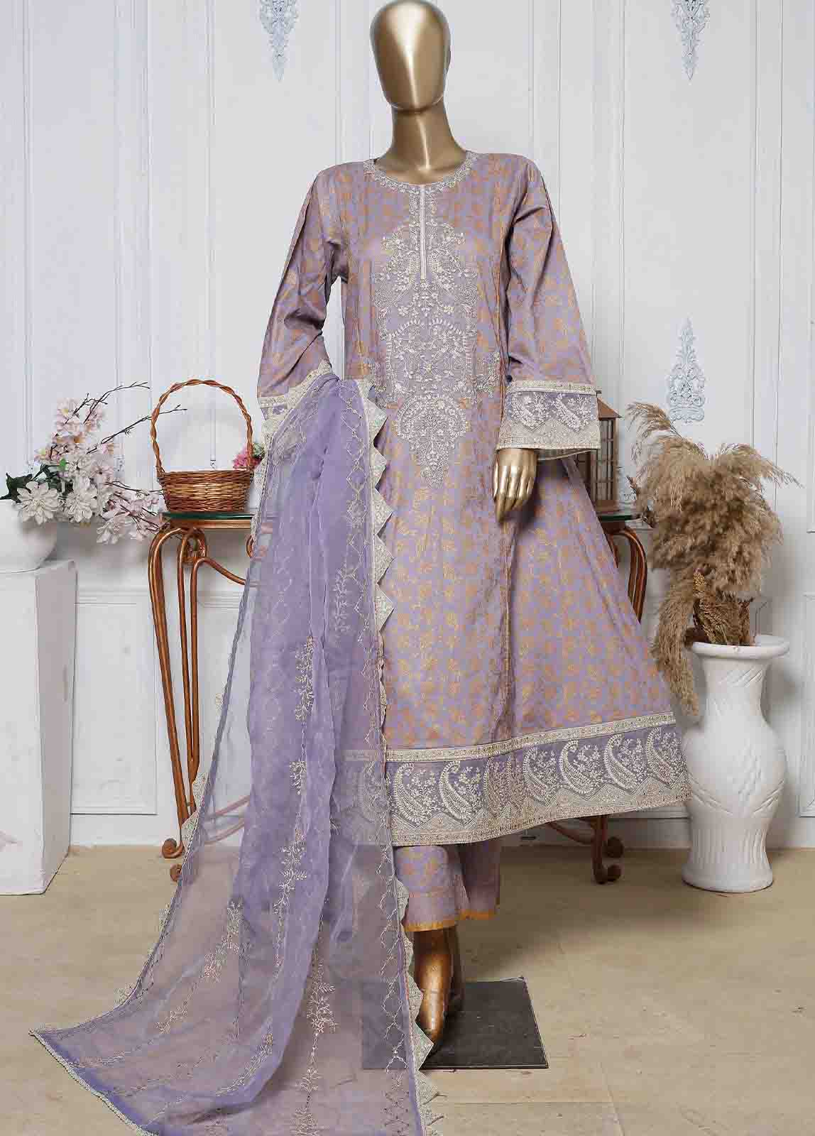 Bin Saeed Fabric - LRG-10-FR-  3 Piece Block Printed Embroidered Frock