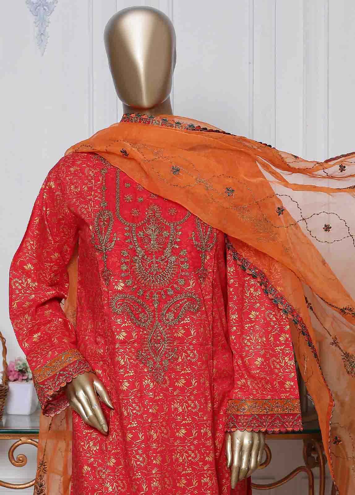 Bin Saeed Fabric - LRG-11-FR-  3 Piece Block Printed Embroidered Frock