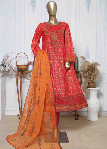Bin Saeed Fabric - LRG-11-FR-  3 Piece Block Printed Embroidered Frock