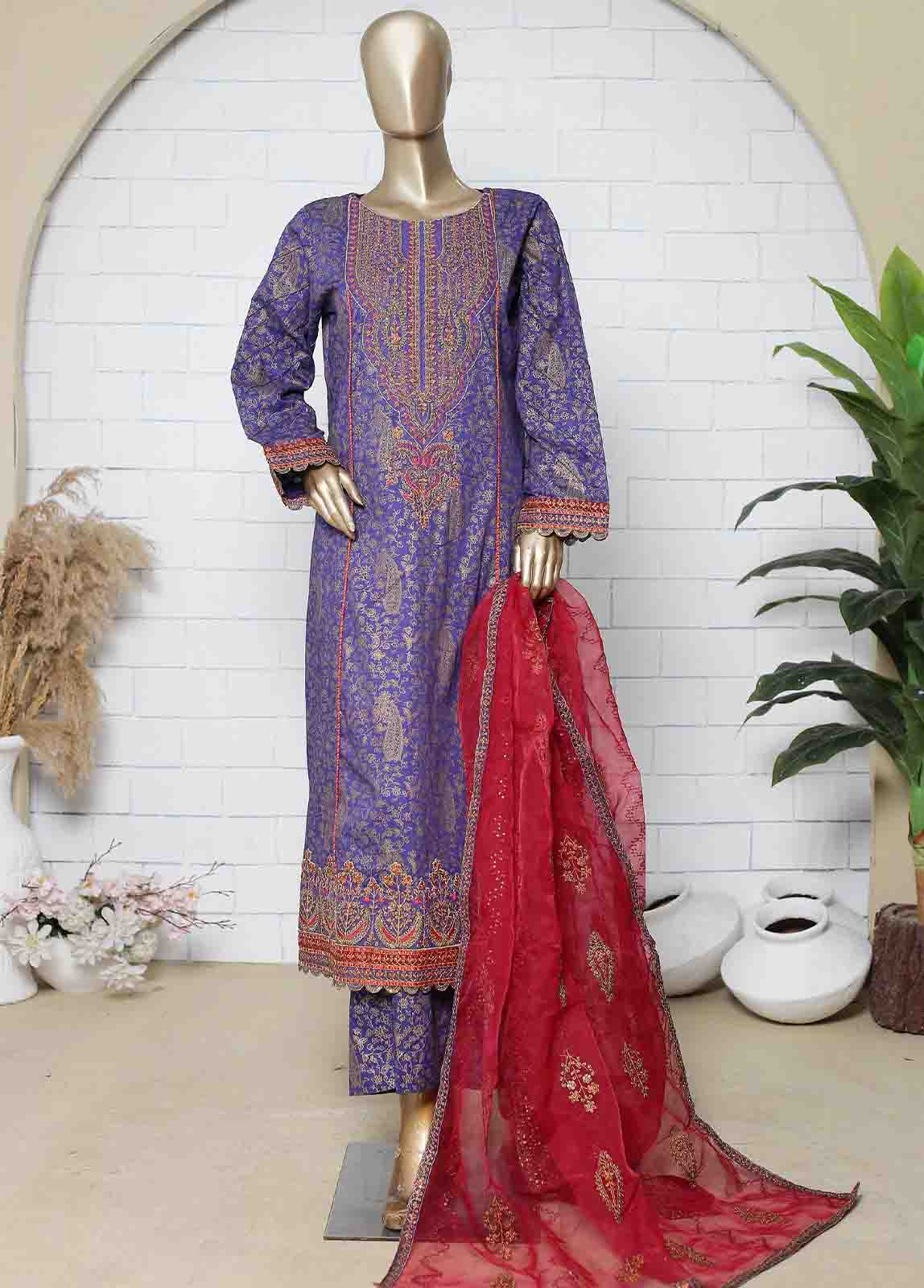 Bin Saeed Fabric - LRG-18-FR-  3 Piece Block Printed Embroidered Frock