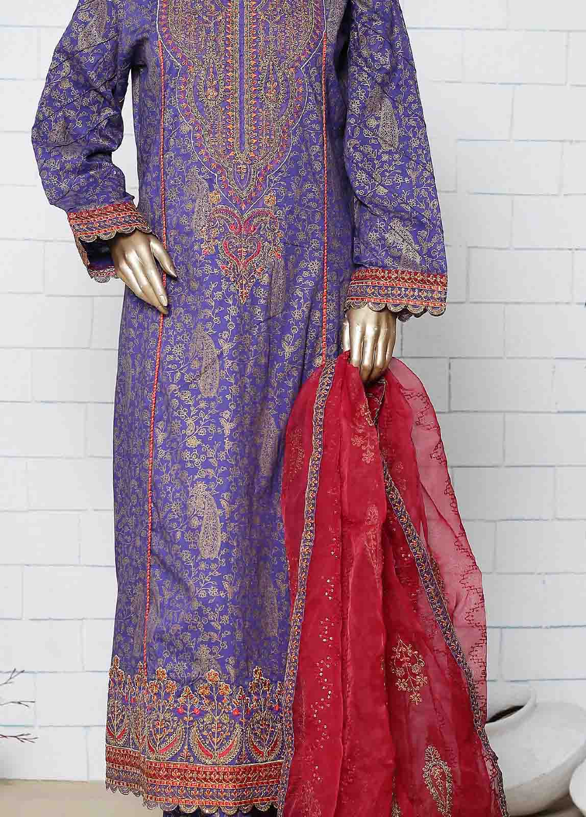Bin Saeed Fabric - LRG-18-FR-  3 Piece Block Printed Embroidered Frock