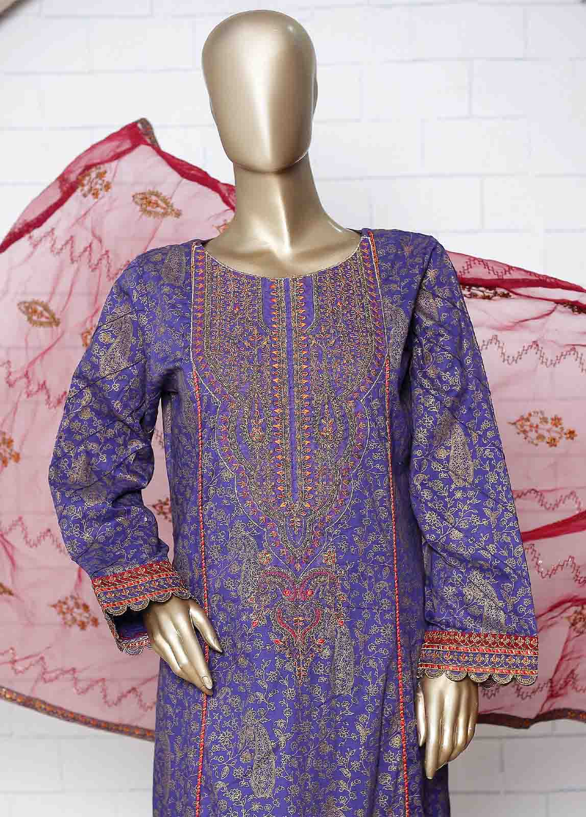 Bin Saeed Fabric - LRG-18-FR-  3 Piece Block Printed Embroidered Frock
