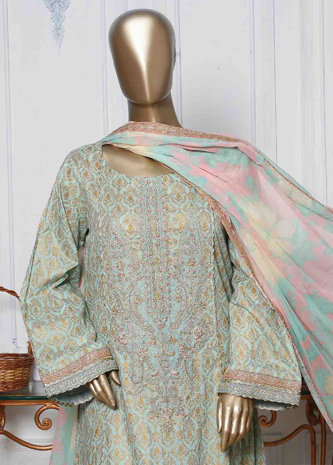 Bin Saeed Fabric - LRG-21-FR-  3 Piece Block Printed Embroidered Frock