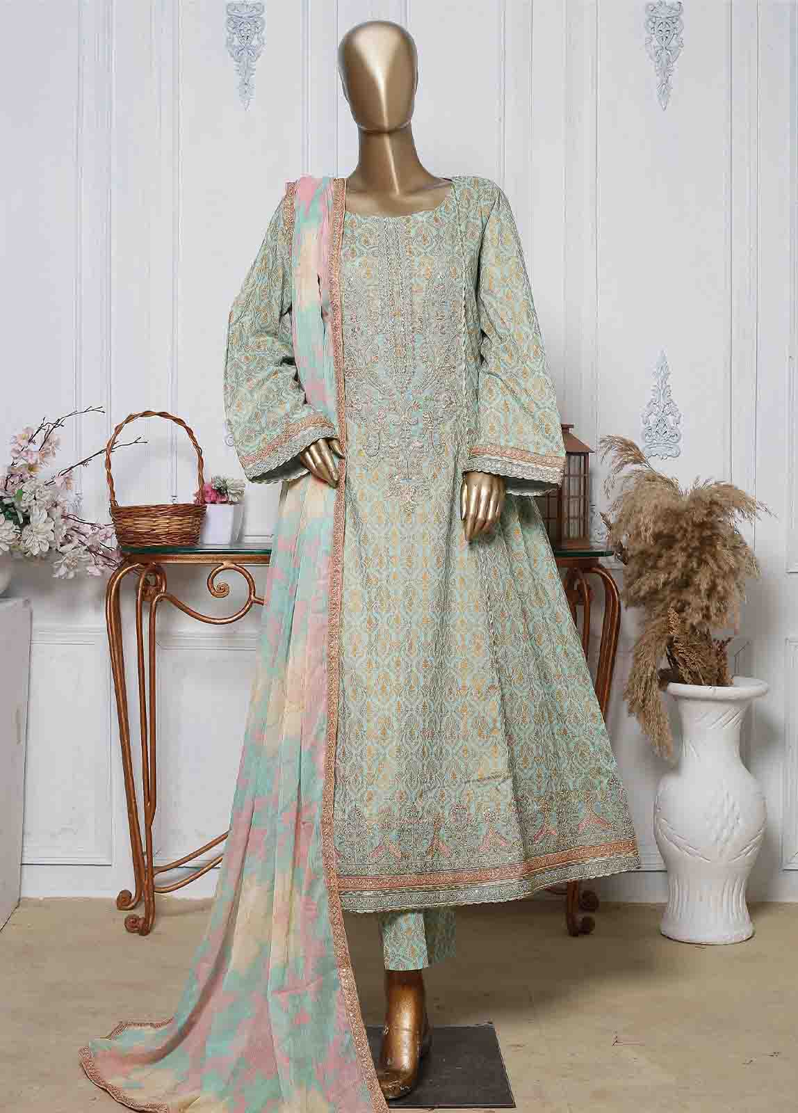Bin Saeed Fabric - LRG-21-FR-  3 Piece Block Printed Embroidered Frock