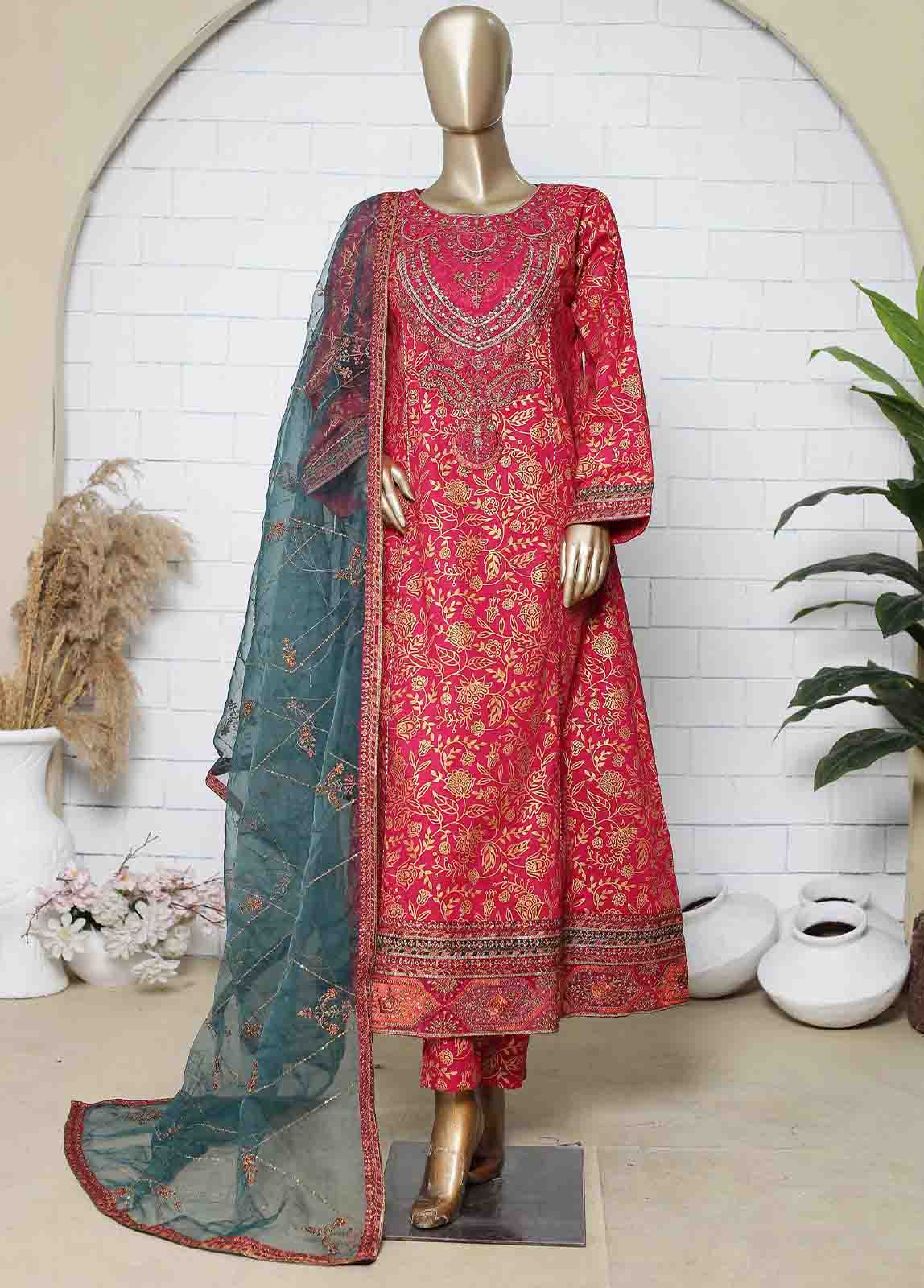 Bin Saeed Fabric - LRG-24-FR-  3 Piece Block Printed Embroidered Frock
