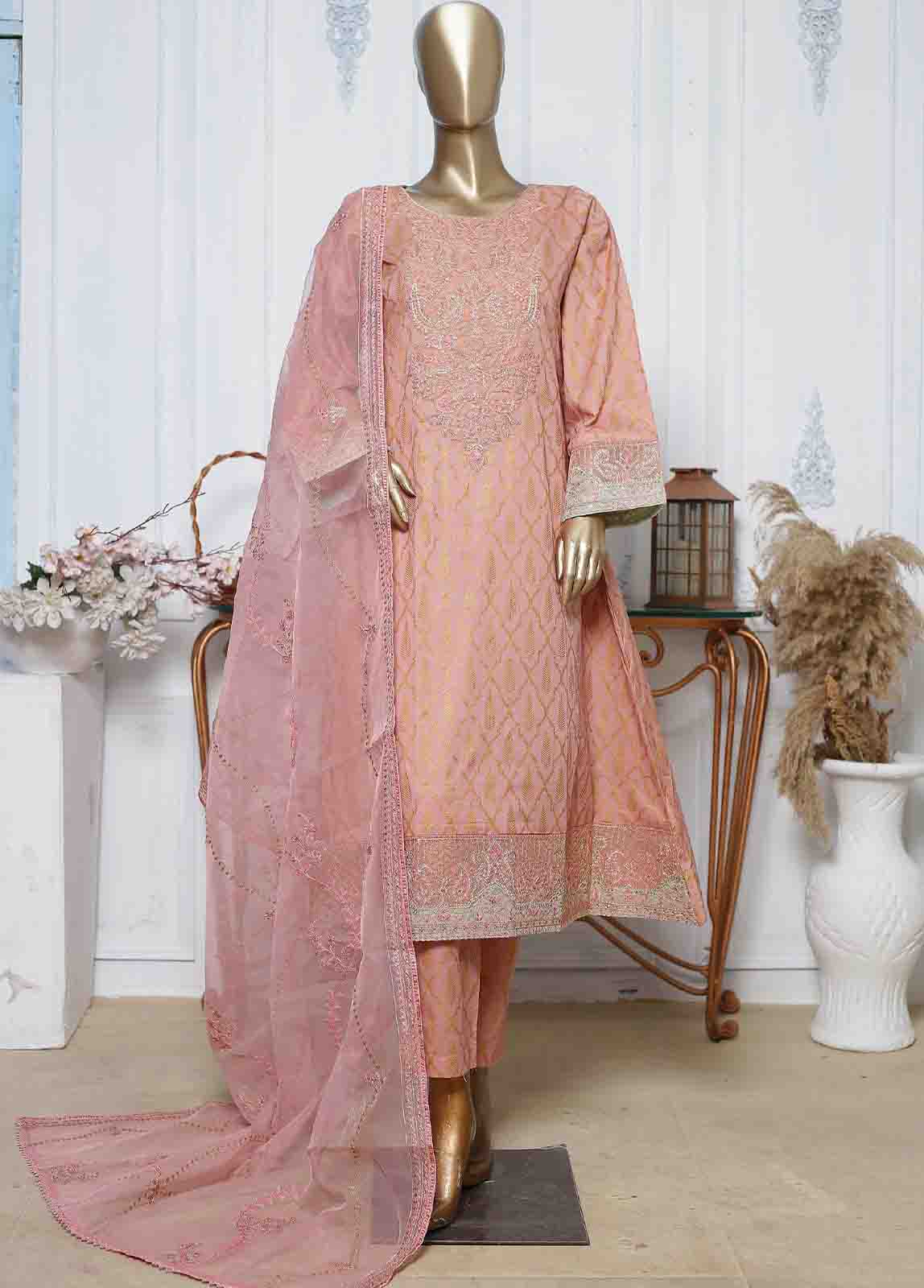 Bin Saeed Fabric - LRG-27-FR-  3 Piece Block Printed Embroidered Frock