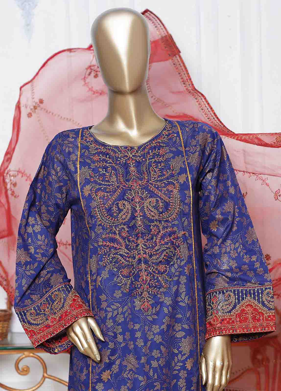 Bin Saeed Fabric - LRG-32-FR-  3 Piece Block Printed Embroidered Frock