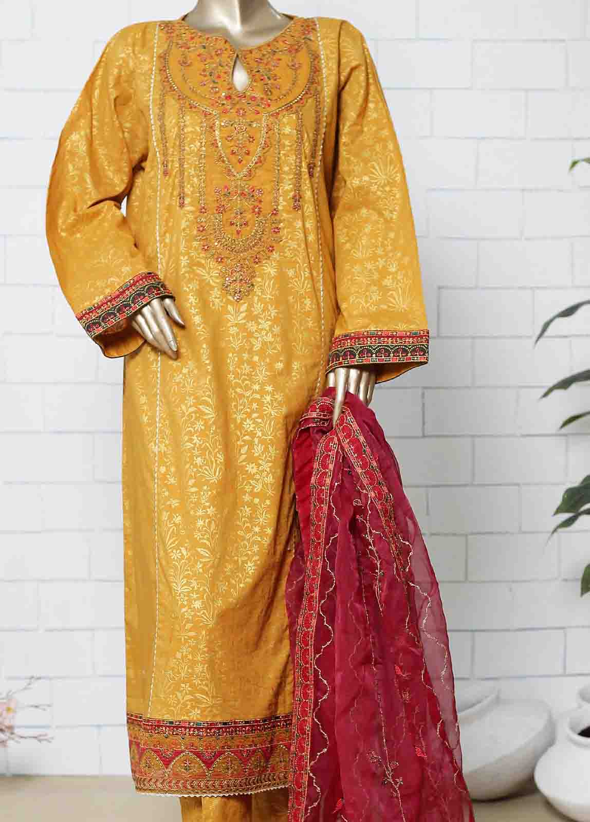 Bin Saeed Fabric - LRG-37-FR-  3 Piece Block Printed Embroidered  Frock