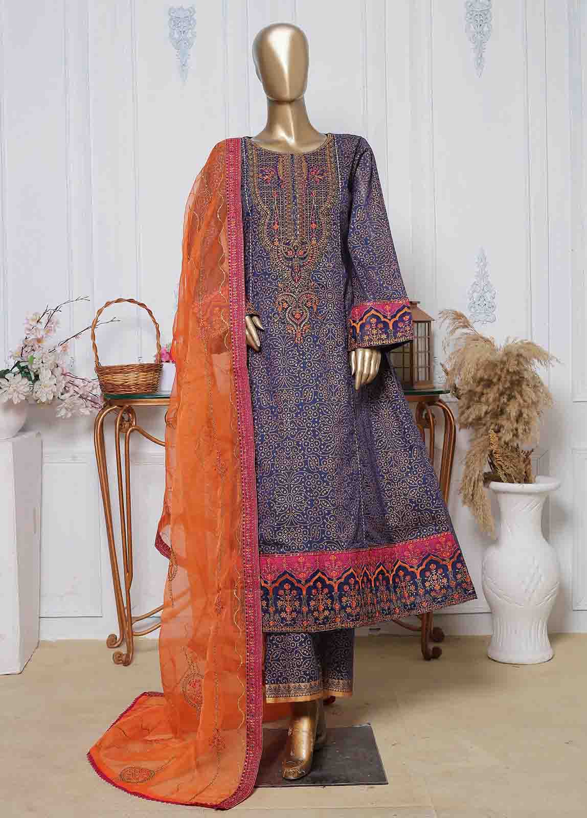 Bin Saeed Fabric - LRG-42-FR-  3 Piece Block Printed Embroidered Frock