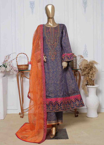 Bin Saeed Fabric - LRG-42-FR-  3 Piece Block Printed Embroidered Frock
