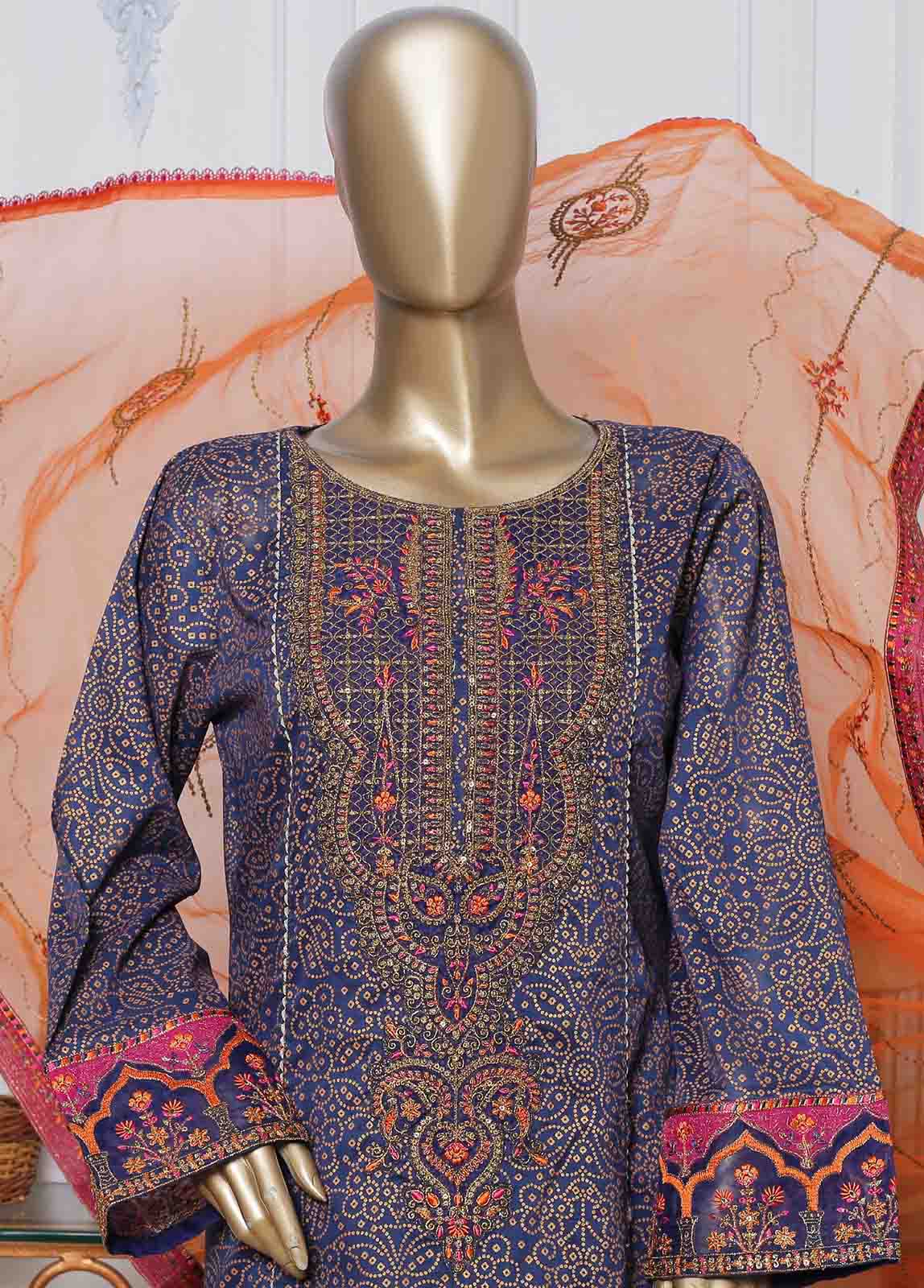 Bin Saeed Fabric - LRG-42-FR-  3 Piece Block Printed Embroidered Frock