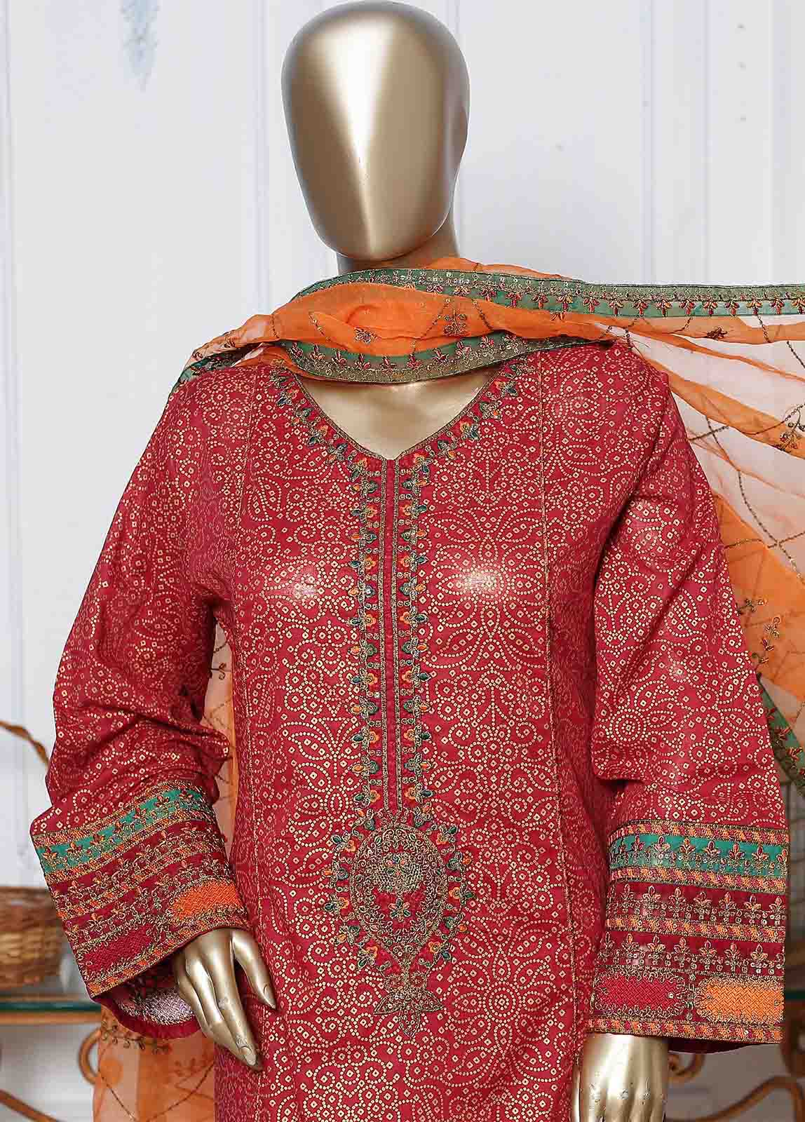 Bin Saeed Fabric - LRG-44-FR-  3 Piece Block Printed Embroidered Frock