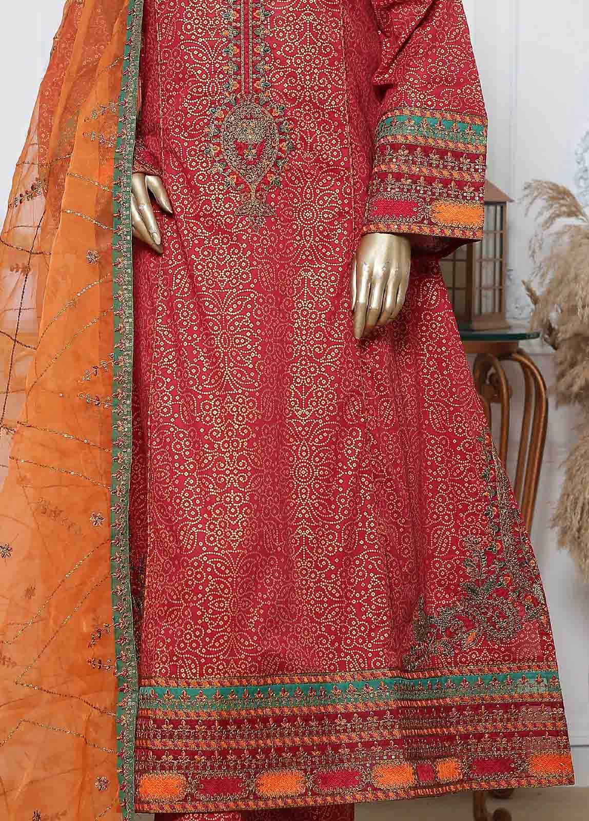 Bin Saeed Fabric - LRG-44-FR-  3 Piece Block Printed Embroidered Frock