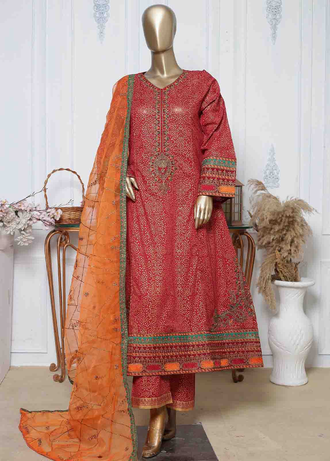Bin Saeed Fabric - LRG-44-FR-  3 Piece Block Printed Embroidered Frock