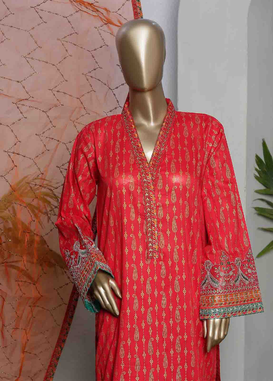 Bin Saeed Fabric - LRGE-0012- 3 Piece Block Print  Embroidered Suit