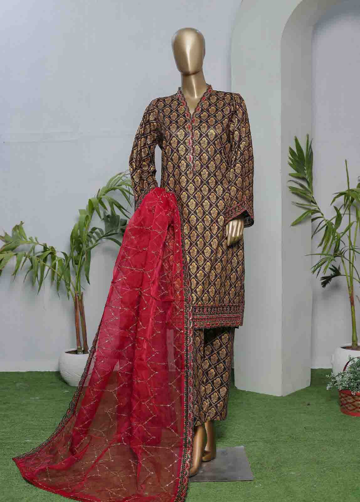 Bin Saeed Fabric - LRGE-0013- 3 Piece Block Print Embroidered Suit