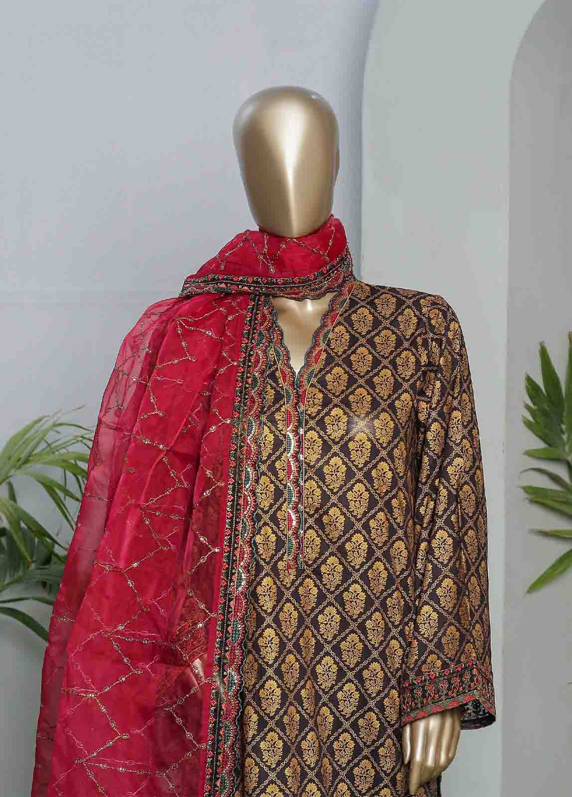 Bin Saeed Fabric - LRGE-0013- 3 Piece Block Print Embroidered Suit